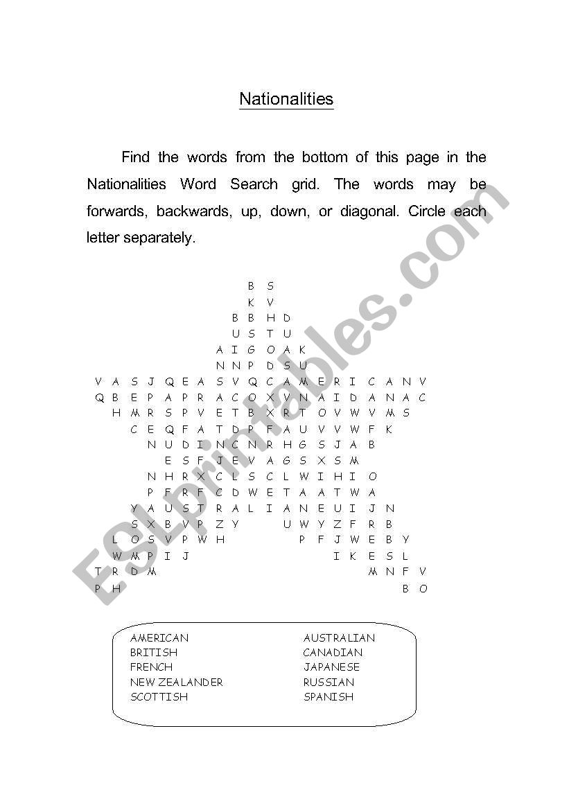 Nationalities worksheet