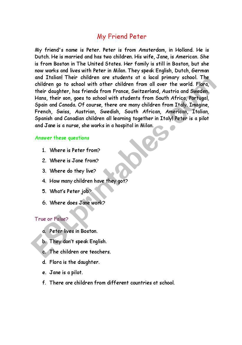 READING COMPREHENSION worksheet