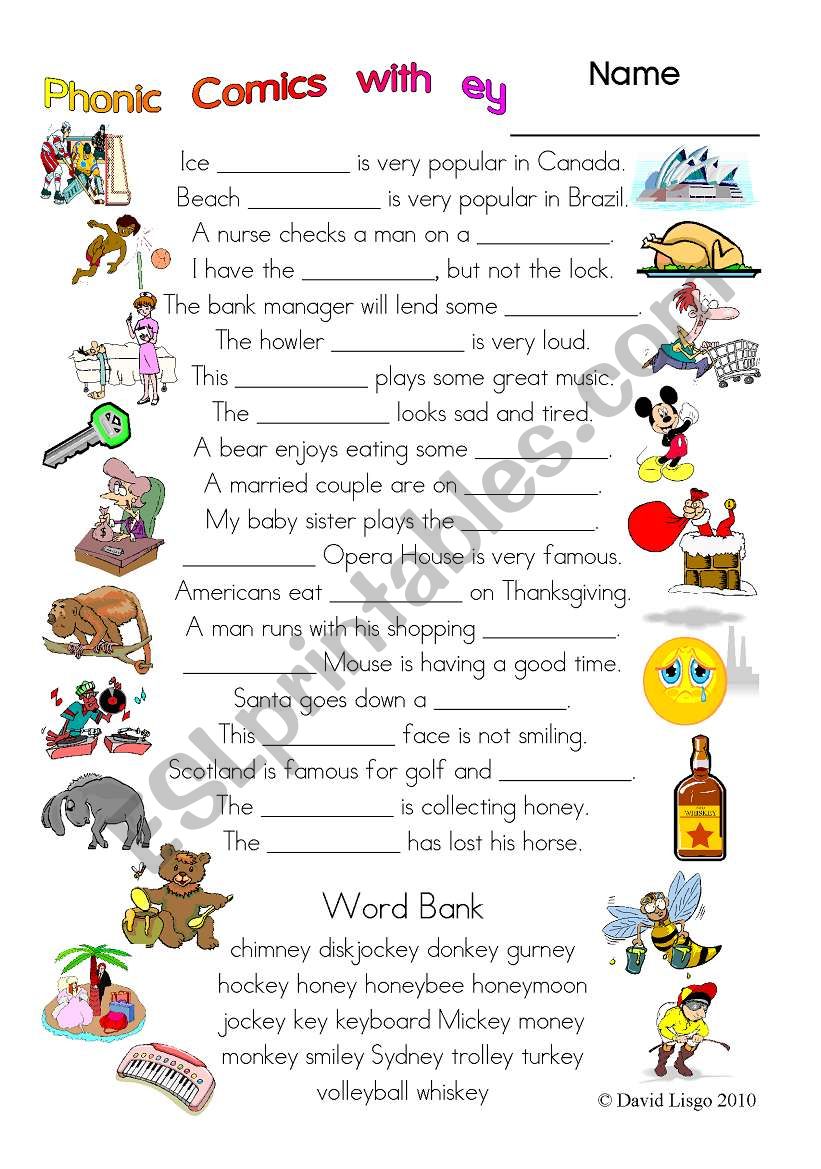 3 pages of Phonic Comics with ey: worksheet, comic dialogue and key (#31)