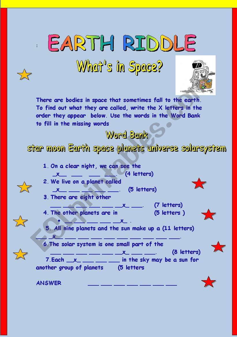 EARTH RIDDLE WITH KEY worksheet