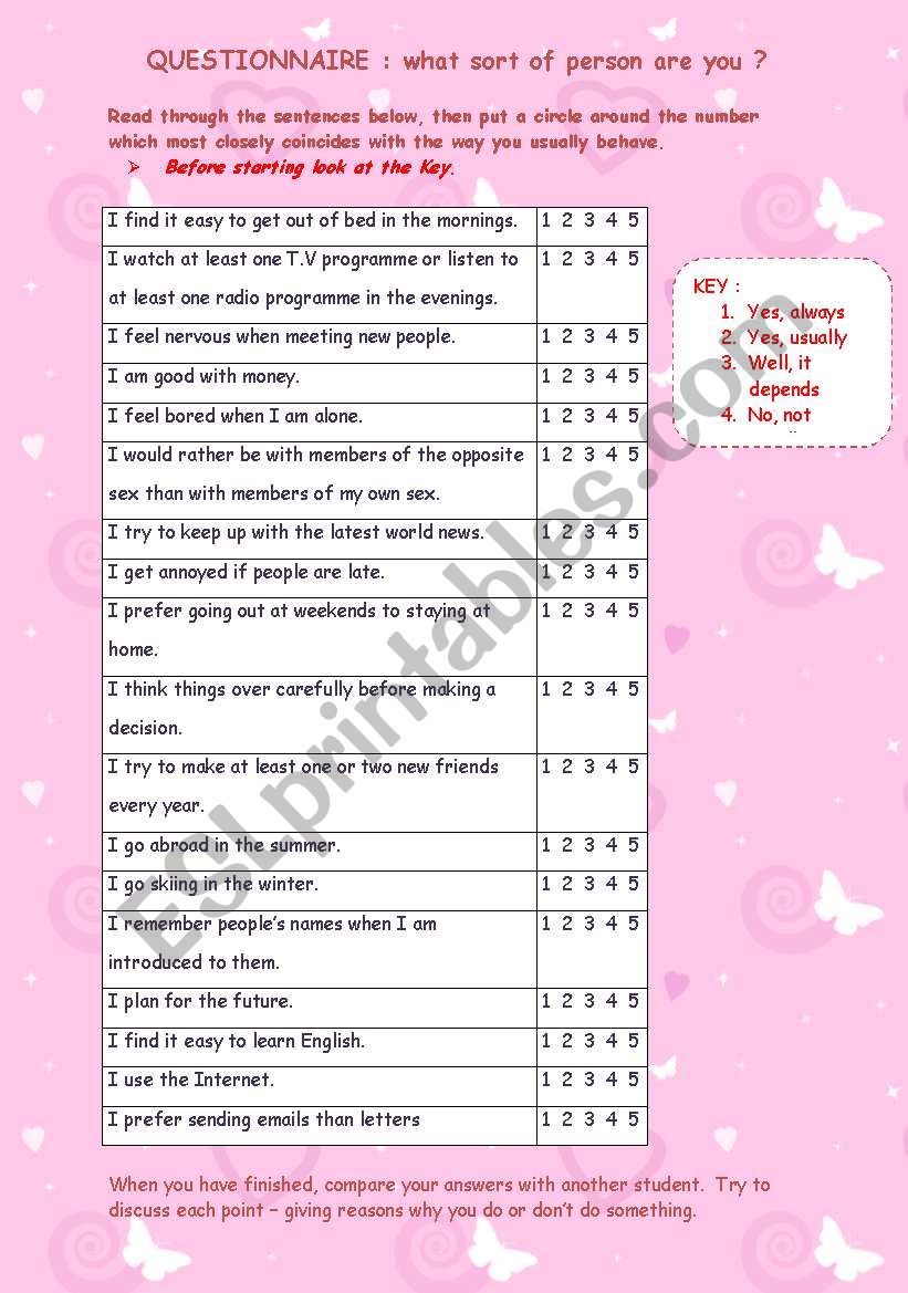 Questionnaire: What sort of person are you? - ESL worksheet by jannabanna