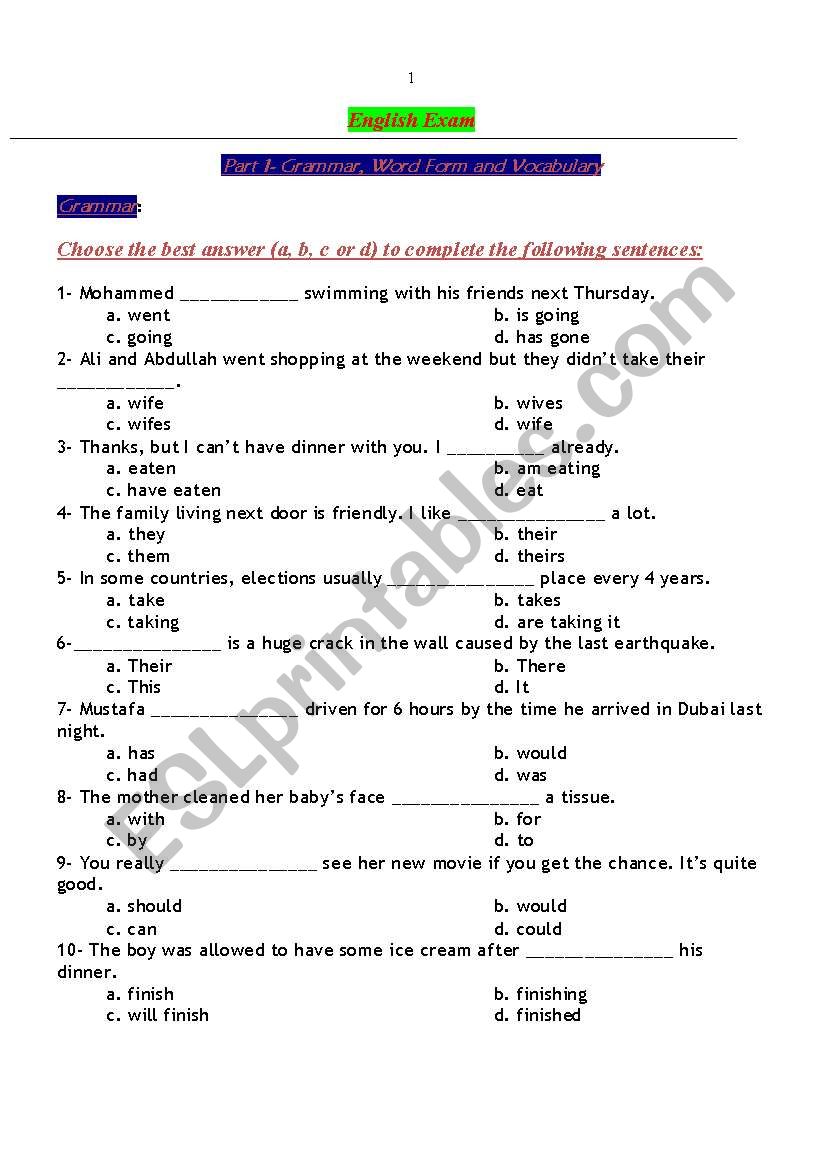 English Exam worksheet