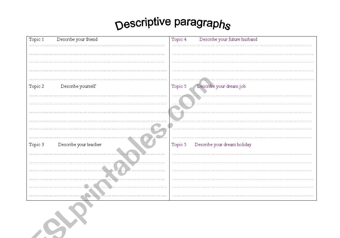 Writing Discriptive Paragraph worksheet