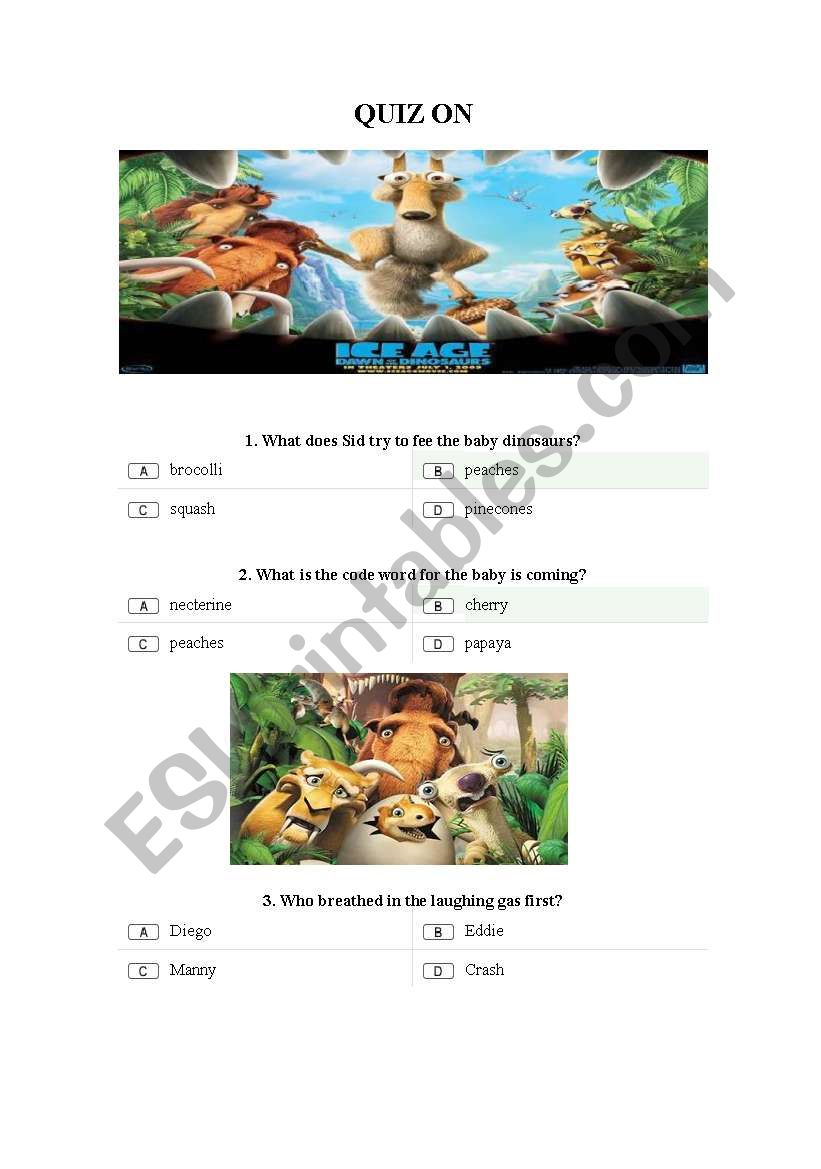 Quiz on Ice Age 3 worksheet