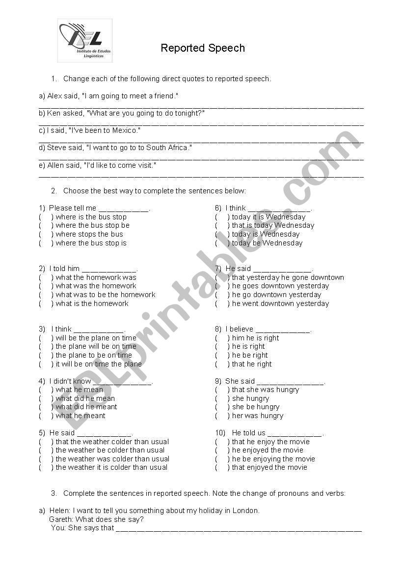 Reported Speech worksheet