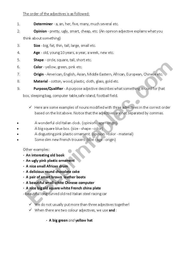 Adjective Order worksheet