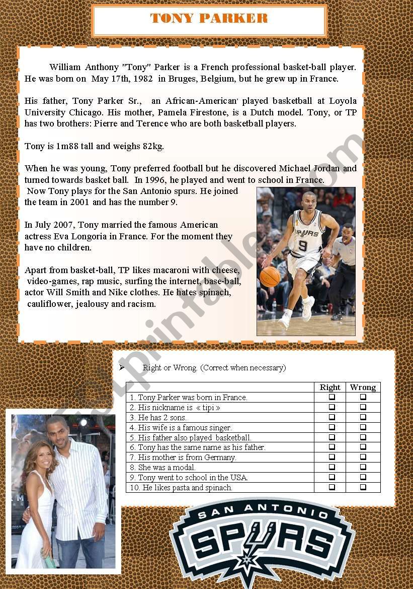 Tony parker biography worksheet