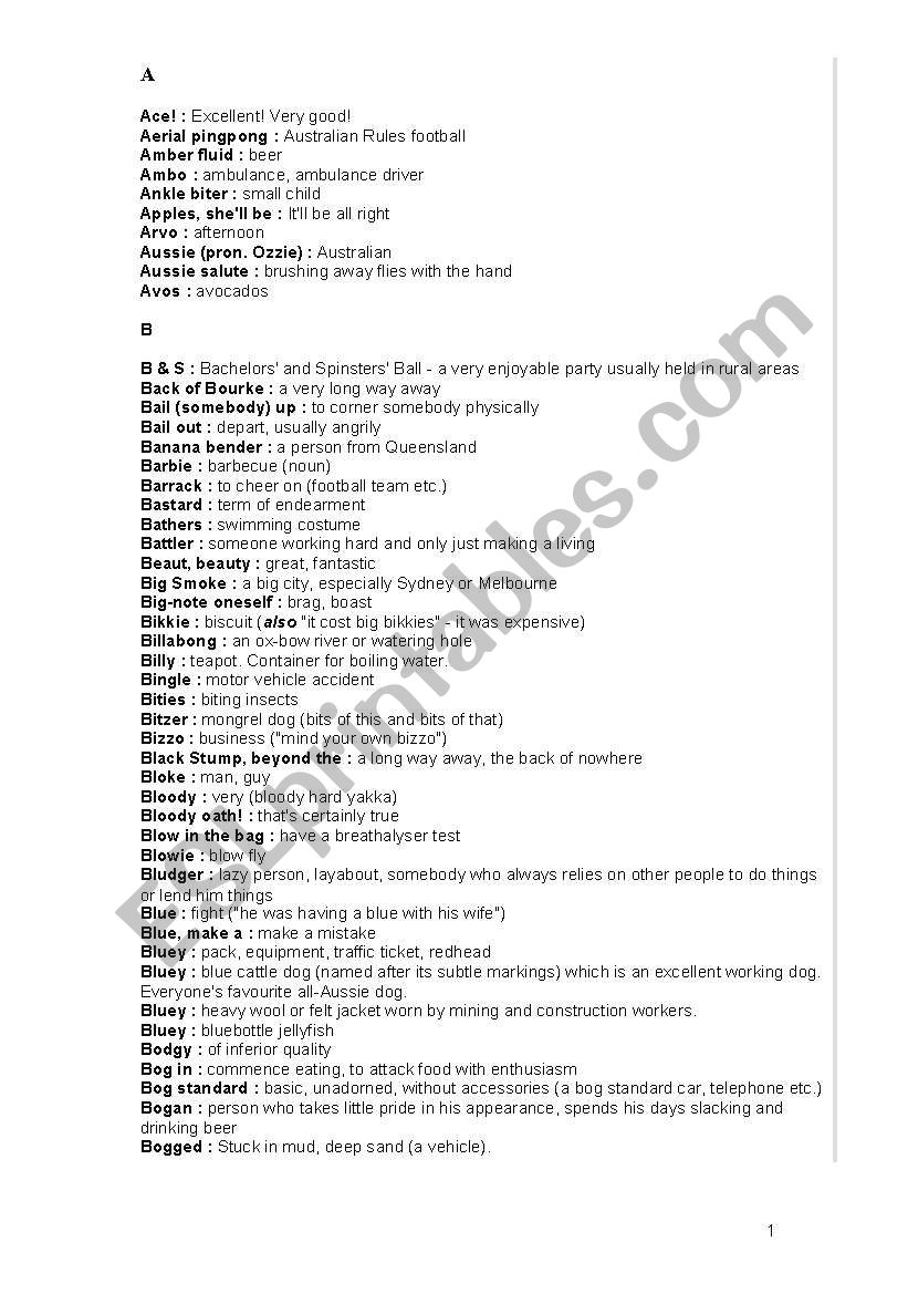 Australian Slang worksheet