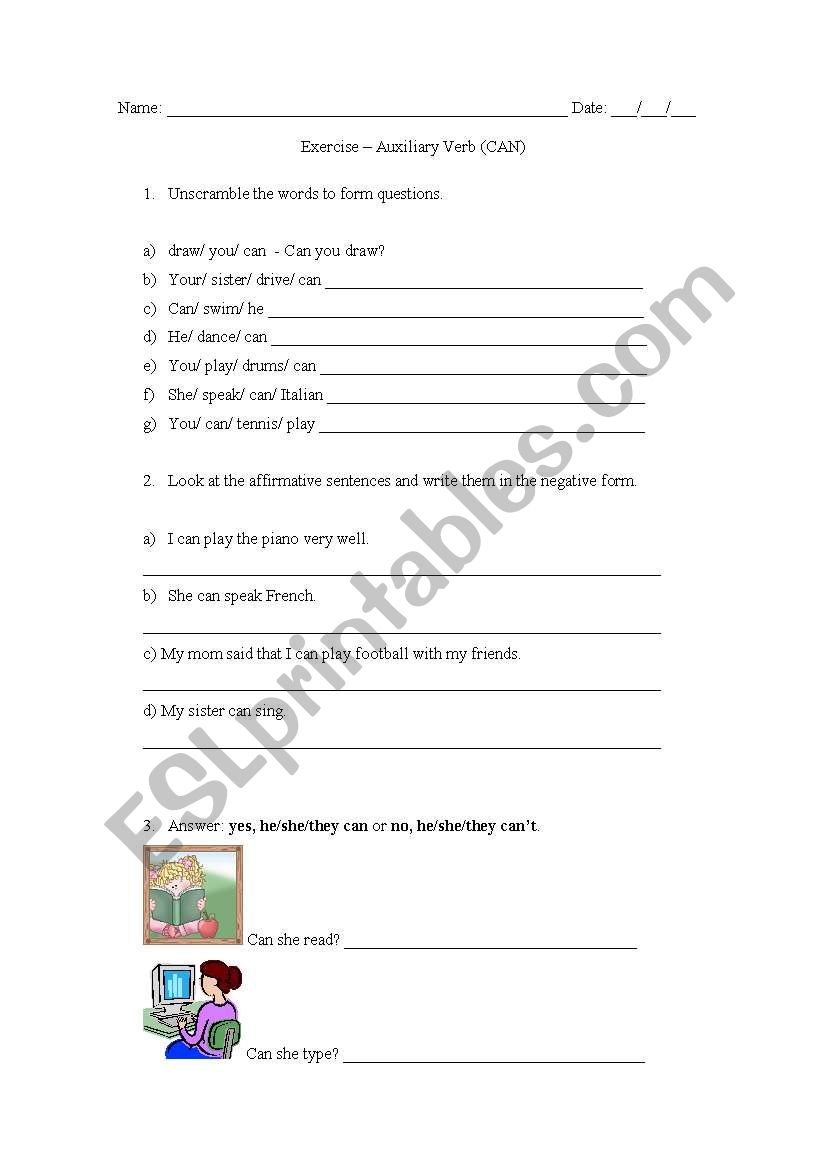 Auxiliary verb CAN - exercise worksheet