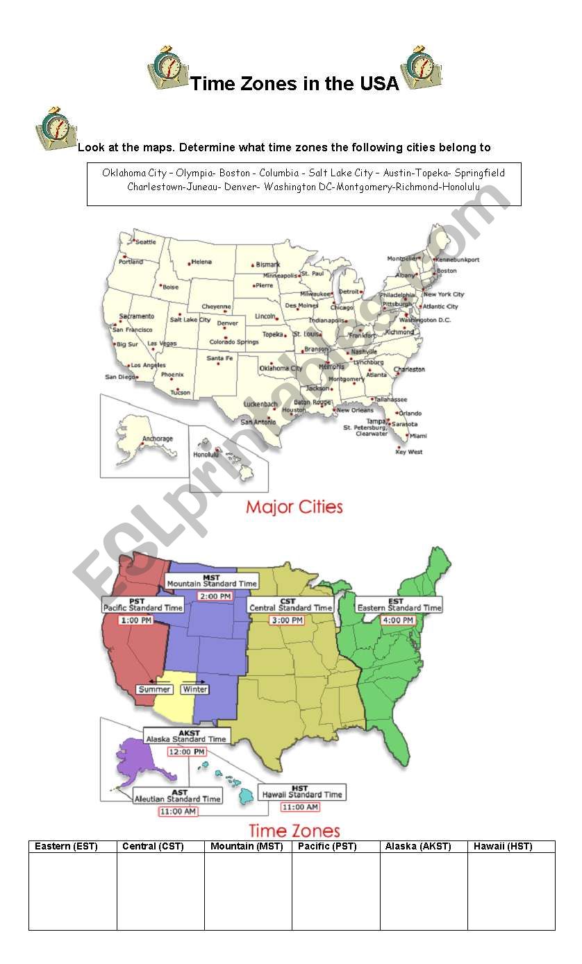 Time zones in the USA  worksheet