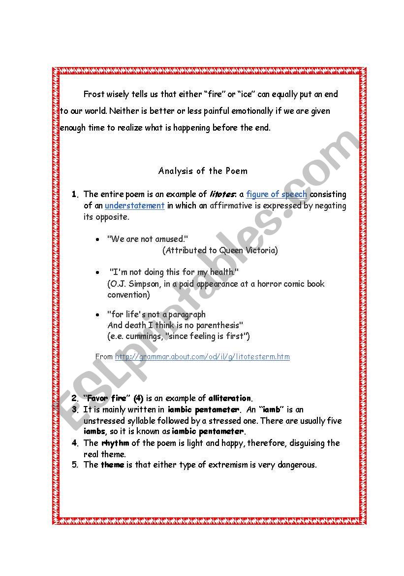 Fire And Ice Analysis Esl Worksheet By Carla Horne