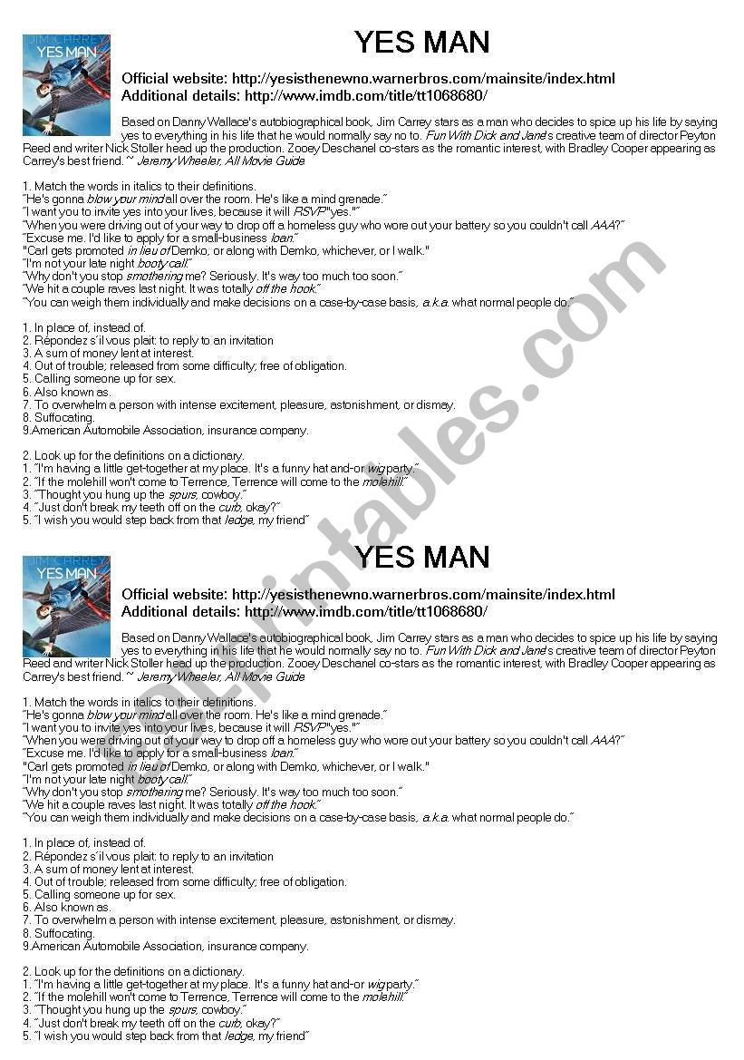 Yes Man Vocabulary Practice worksheet