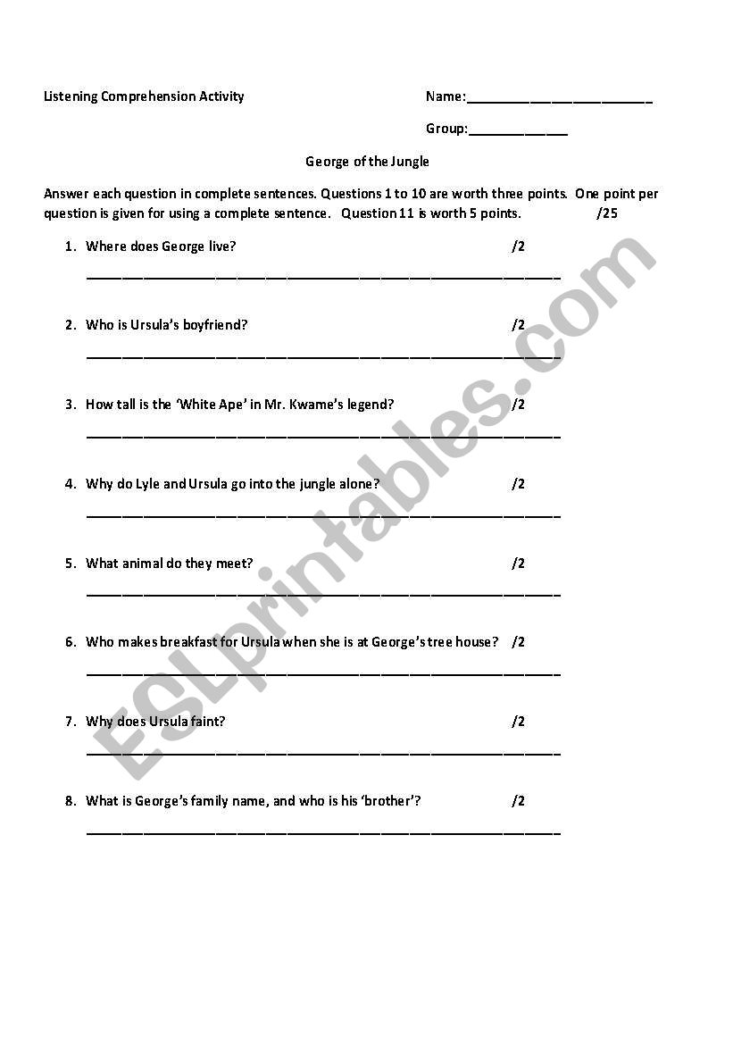 English Worksheets George Of The Jungle Quiz Worksheet