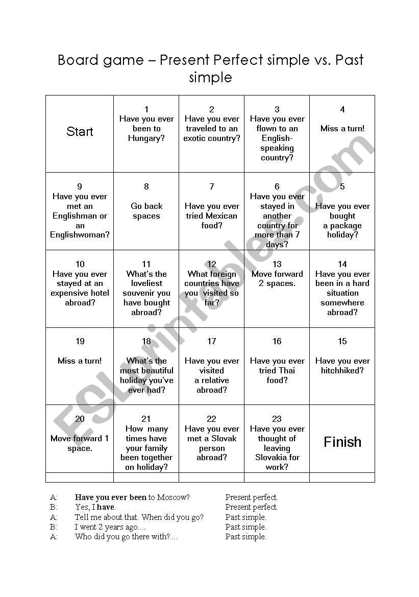 Present perfect -past simple. board game