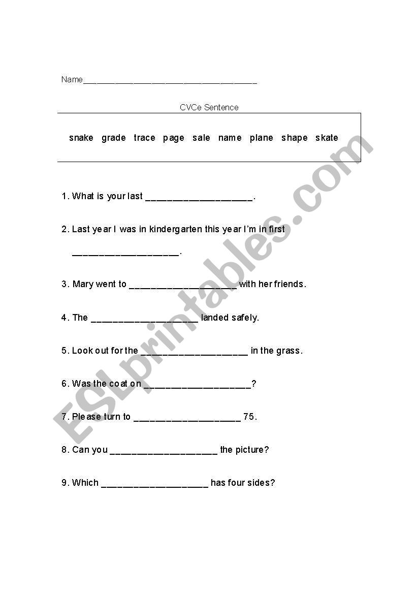 CVCe Sentence worksheet