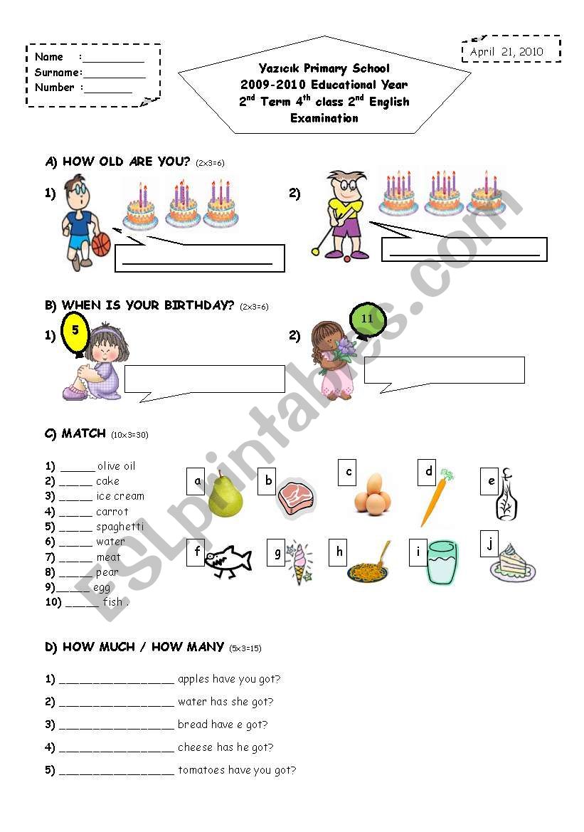 2nd term 4th grade 2nd exam paper