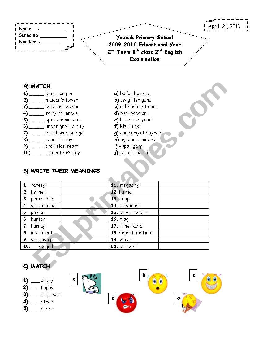 2nd term 6th grade 2nd exam paper