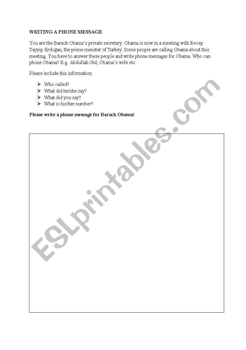 WRITING A PHONE MESSAGE worksheet