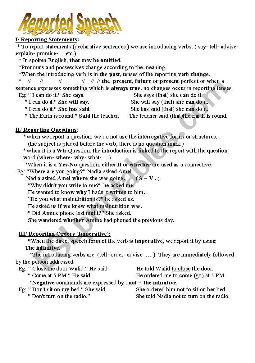 Reported Speech worksheet