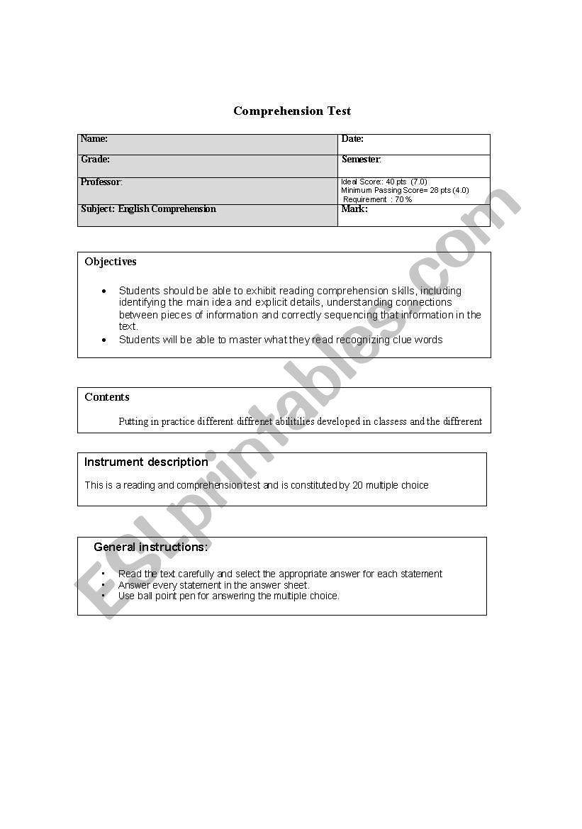 Comprehension test worksheet
