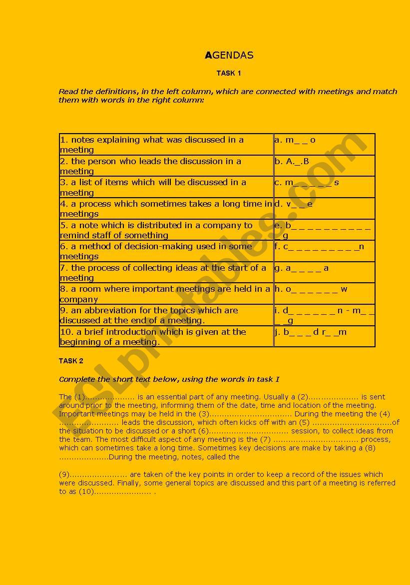 AGENDA vocabulary worksheet