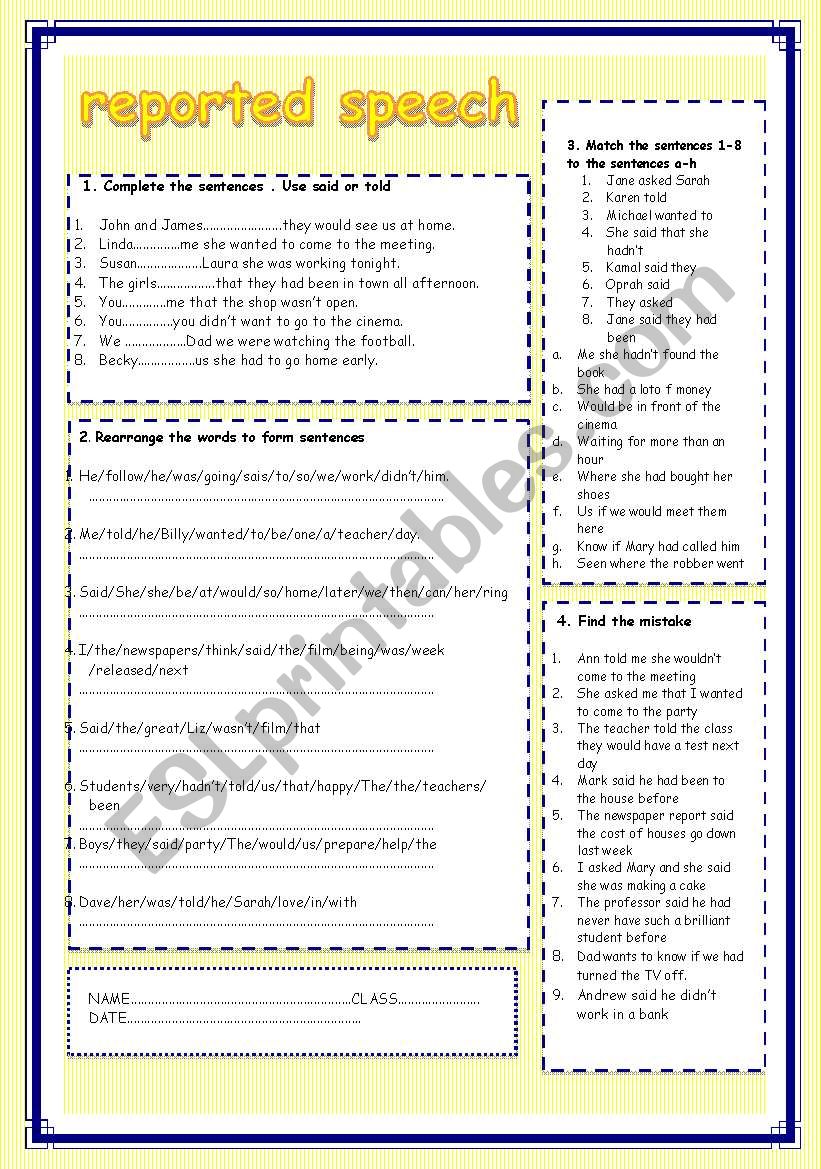 reported speech worksheet