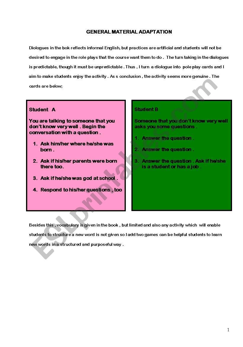 speaking  worksheet