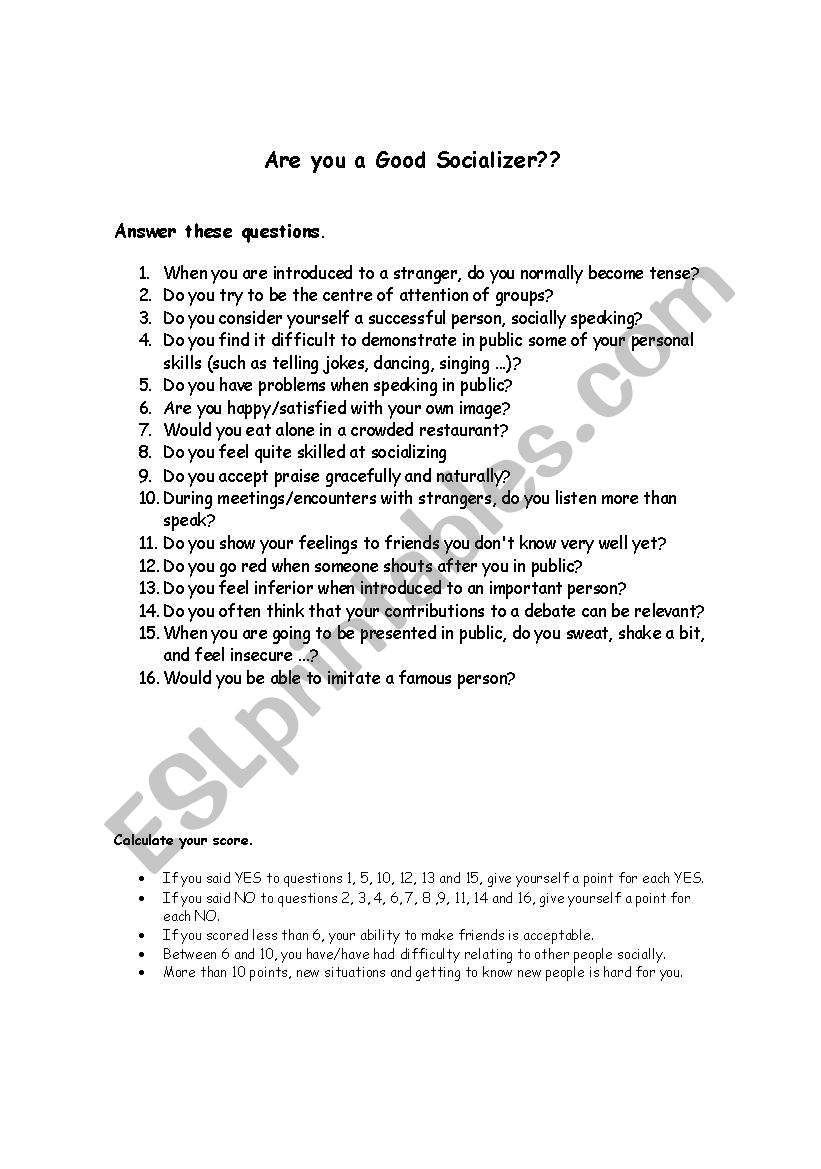 Are you a good socializer? worksheet