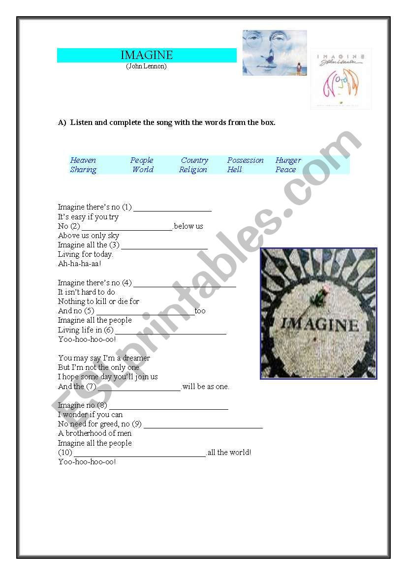 IMAGINE By John Lennon worksheet