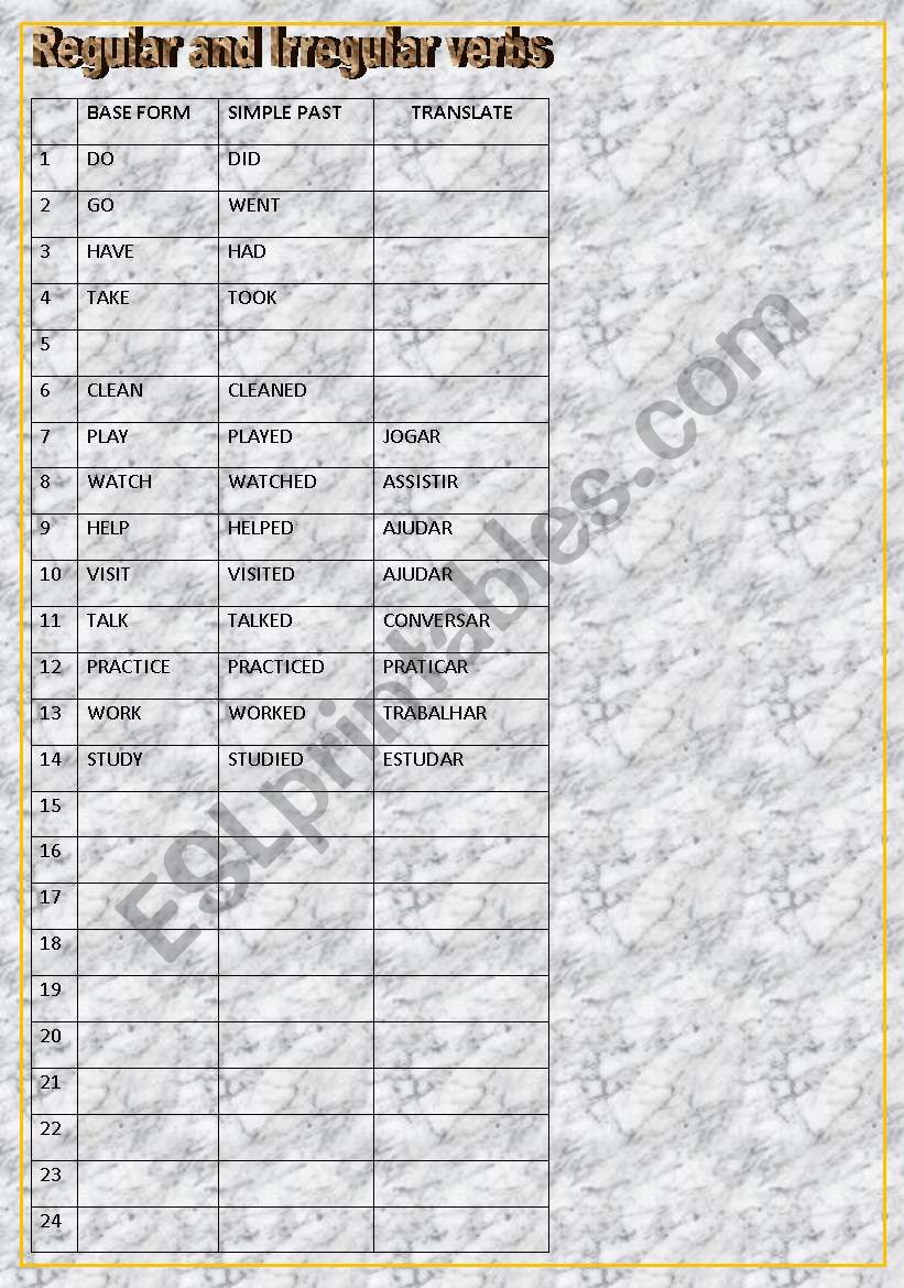 IRREGULAR AND REGULAR VERBS worksheet