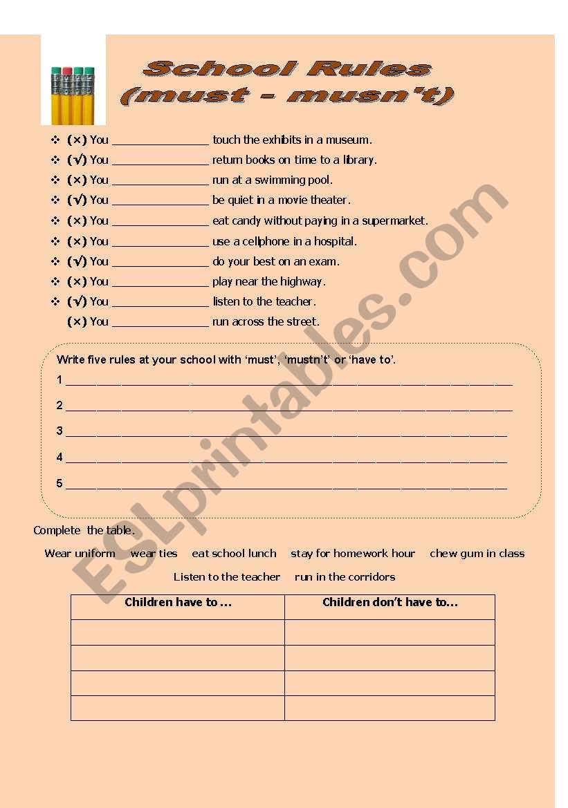 SCHOOL RULES(MUST - MUSTNT) worksheet