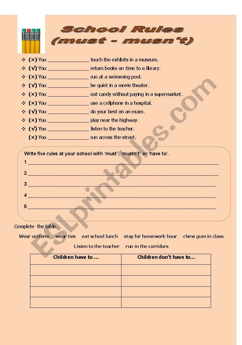 SCHOOL RULES(MUST - MUSTNÂ´T) worksheet