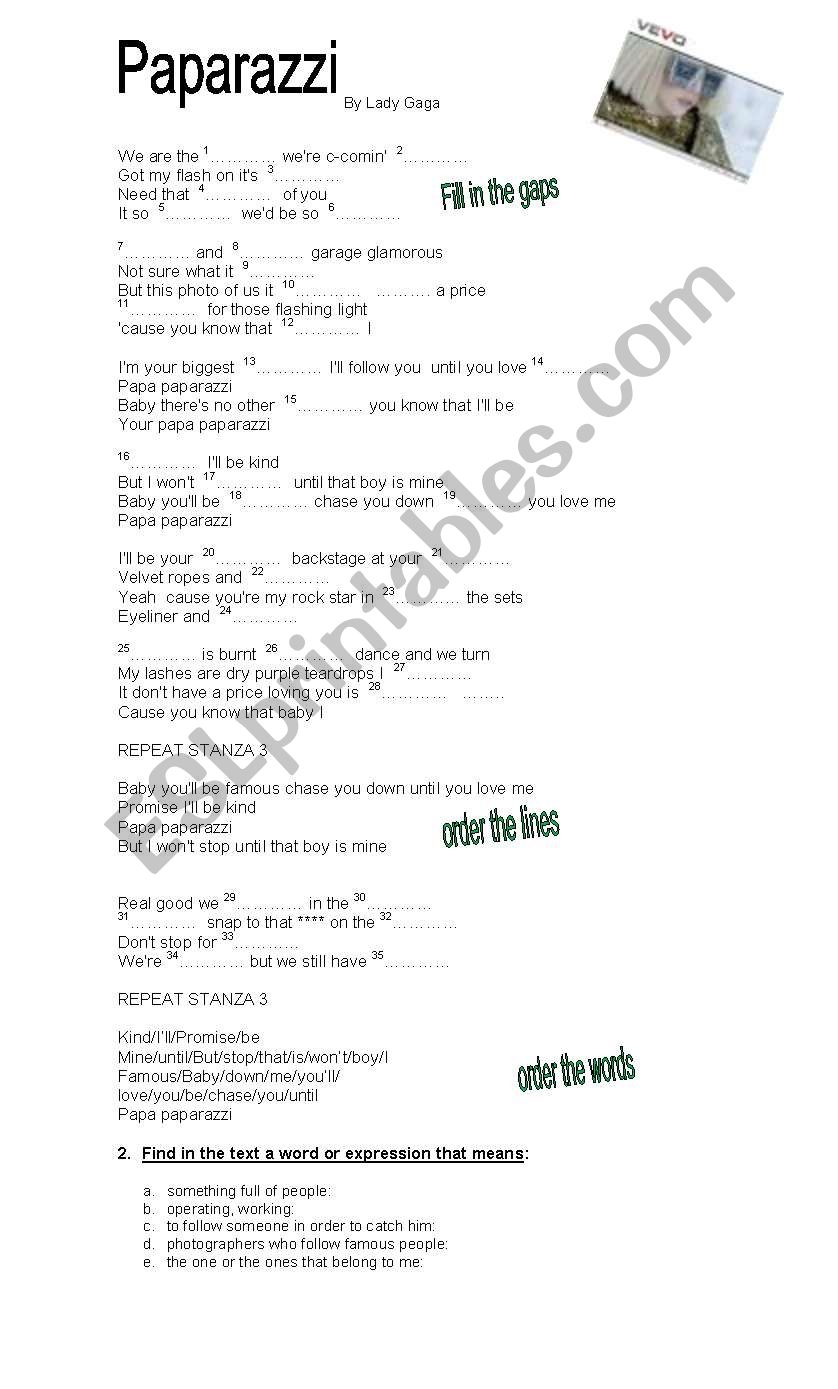 Paparazzi by Lady gaga worksheet