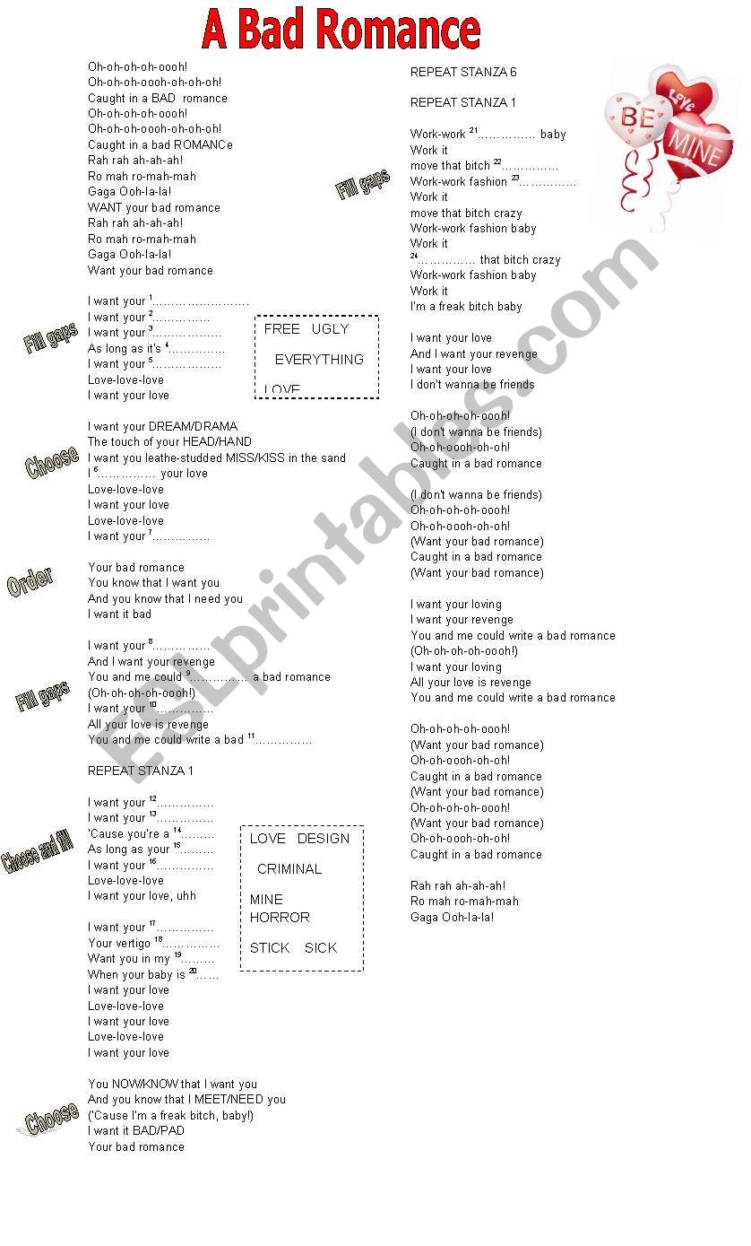 A Bad Romance  worksheet