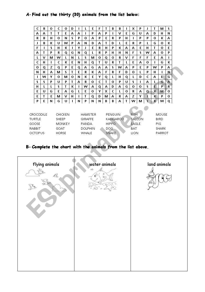 land/flying/water animals worksheet