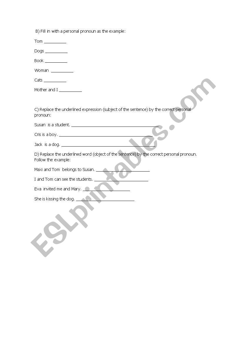 personal pronoun  worksheet