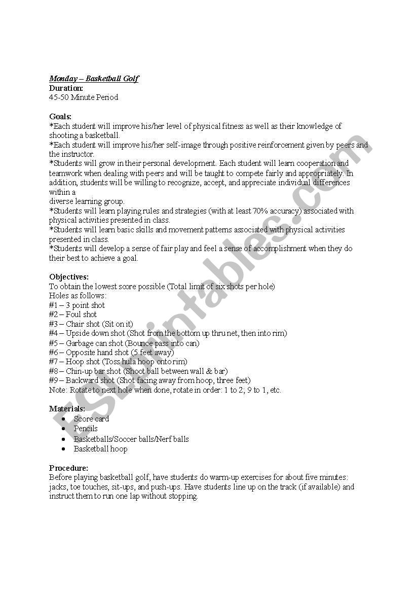 Basketball Golf worksheet