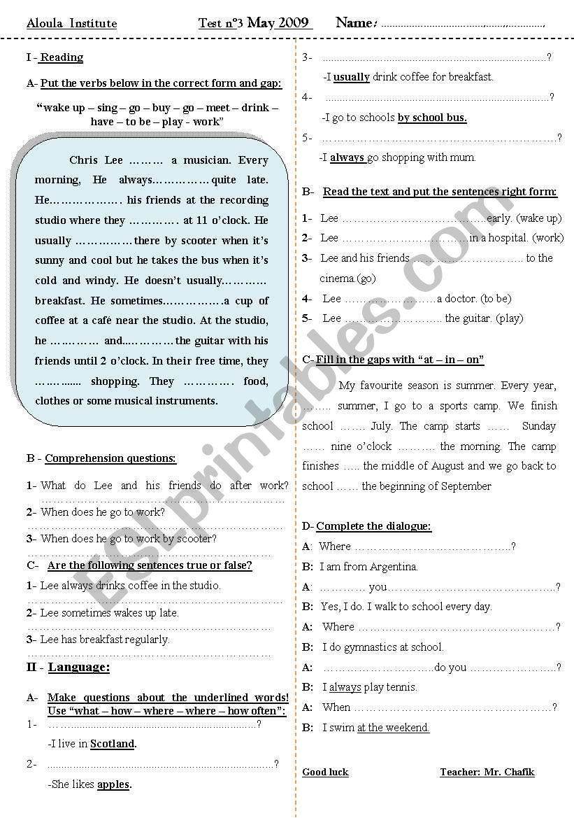 Test : reading - comprehension + grammar + dialogue completion