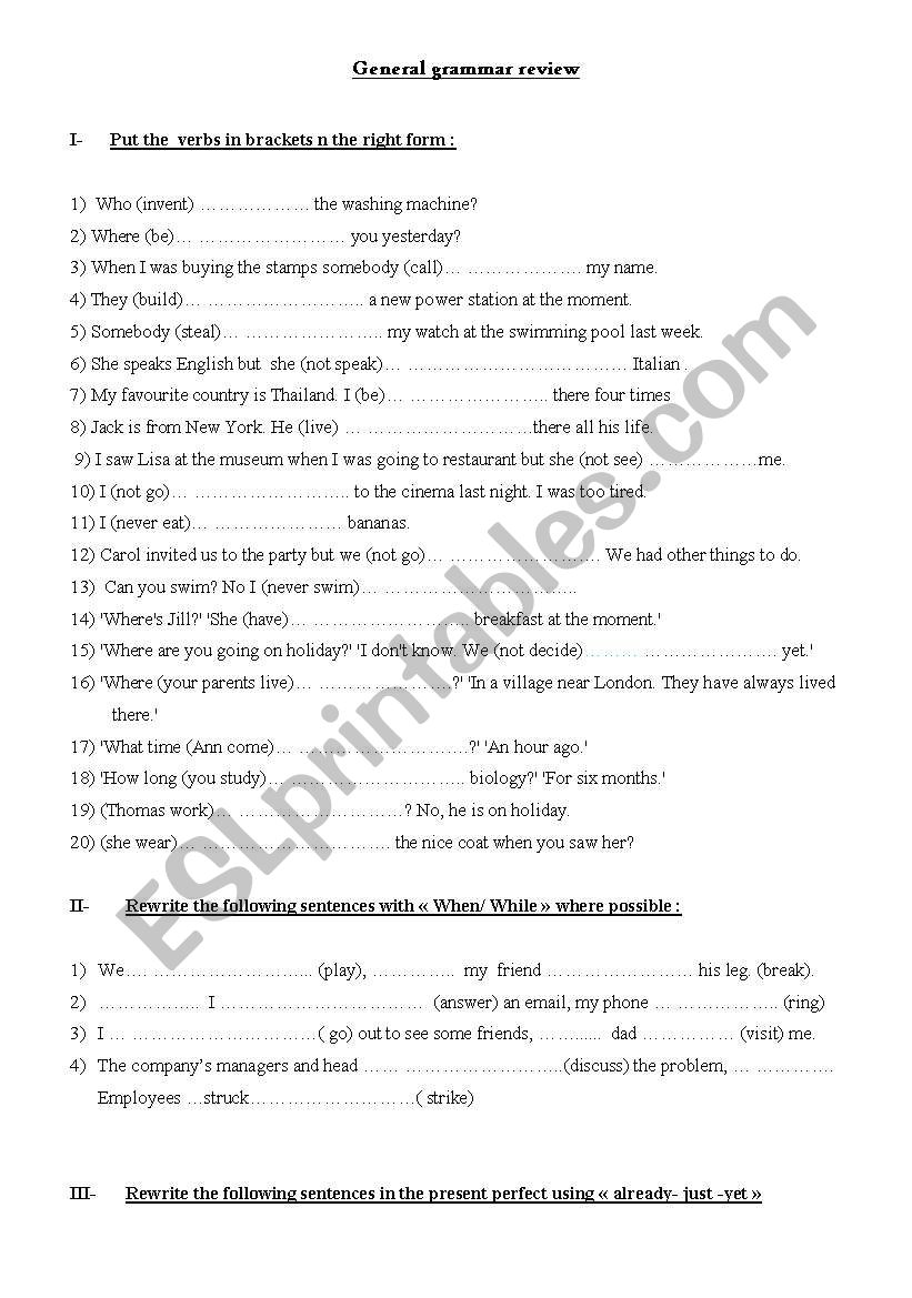 General grammar review worksheet