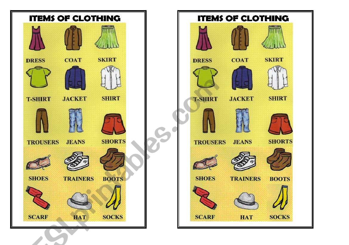items of clothing worksheet
