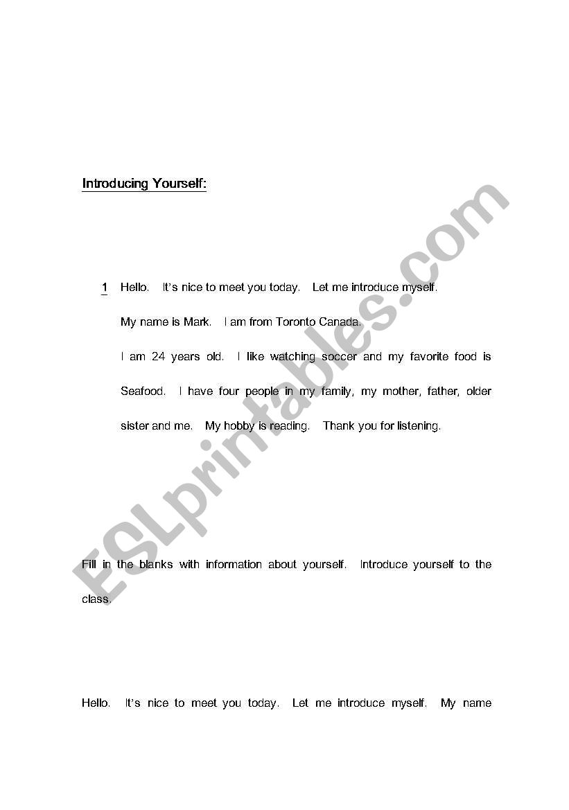 Introducing Yourself worksheet