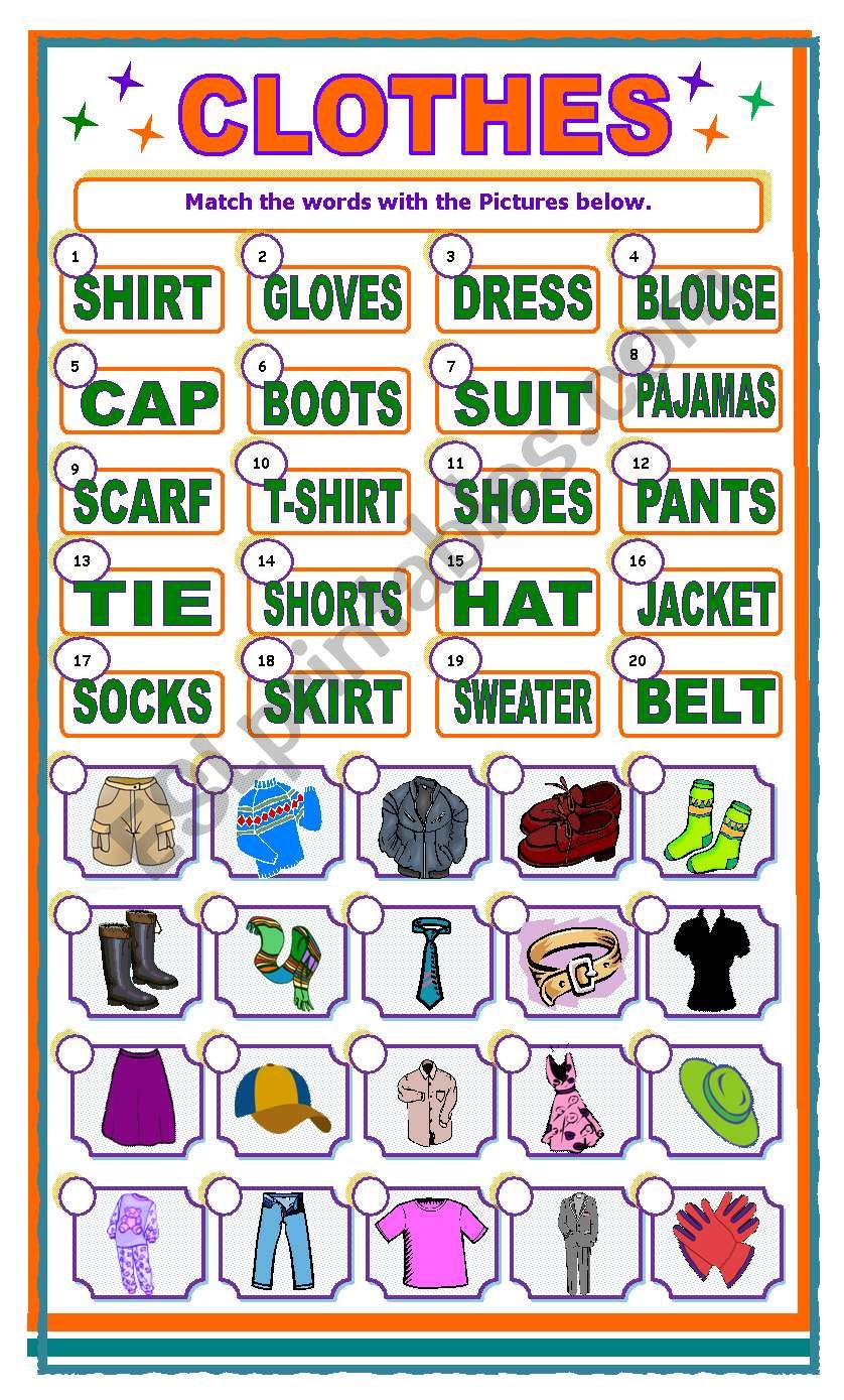 CLOTHES matching activity worksheet