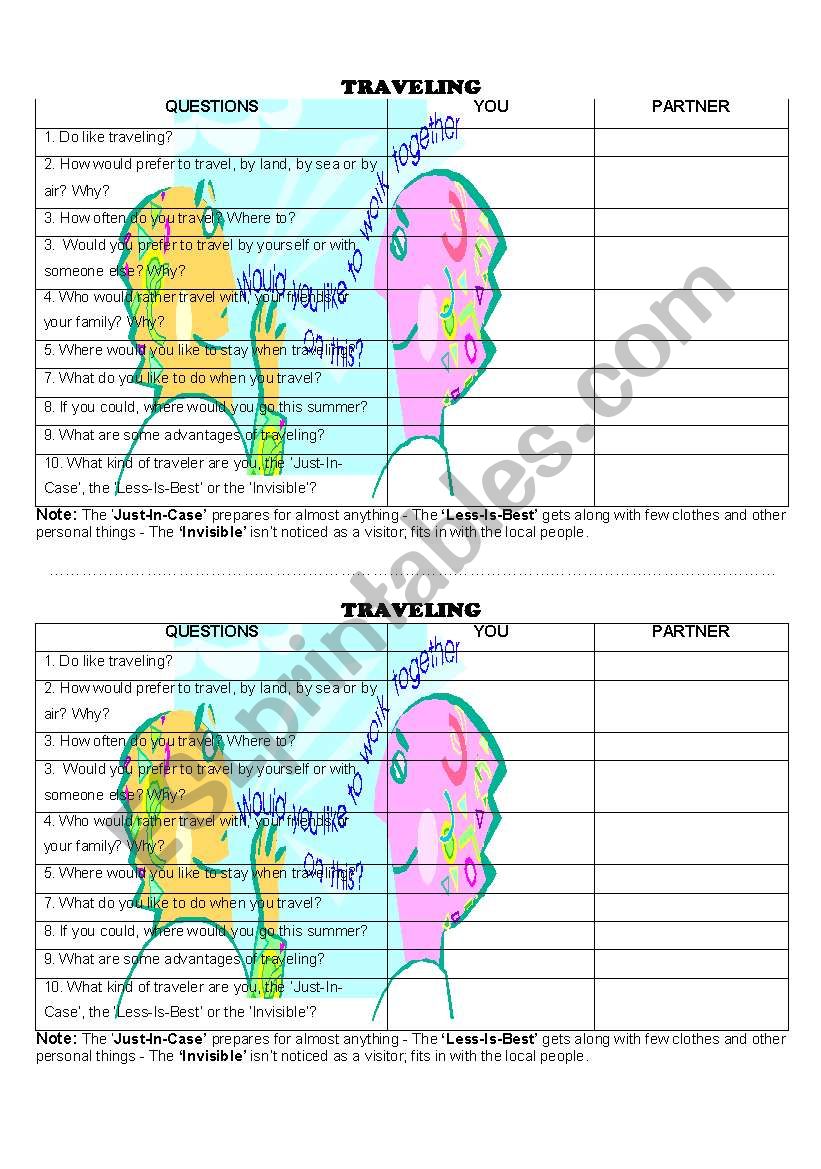 Traveling worksheet