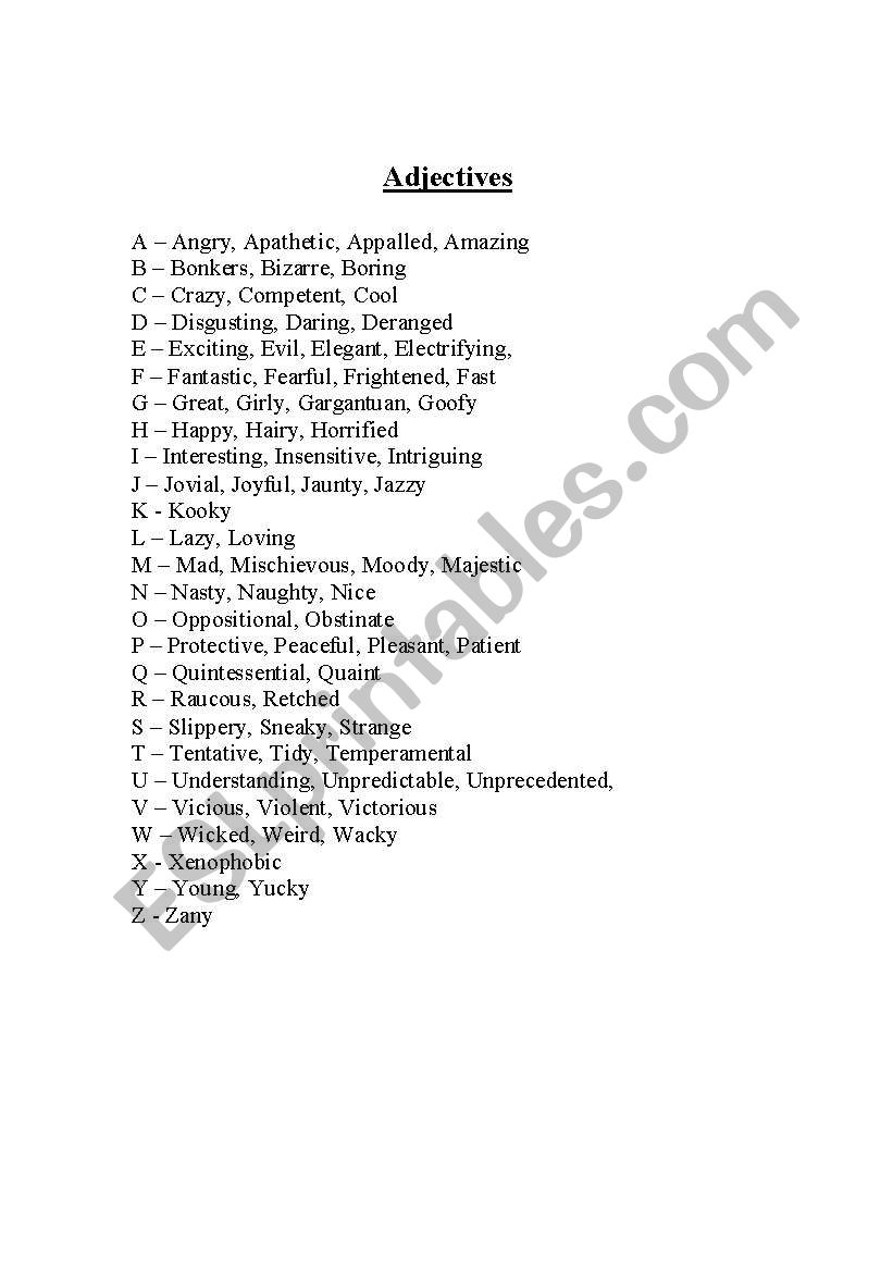 a-z of animal adjectives worksheet