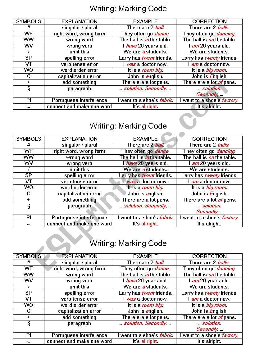 composition marking code worksheet