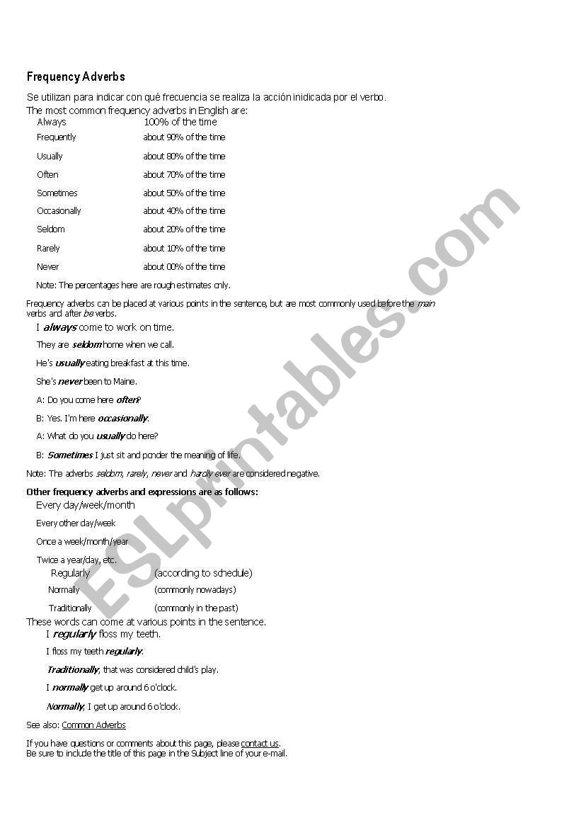 frecuency adverb worksheet