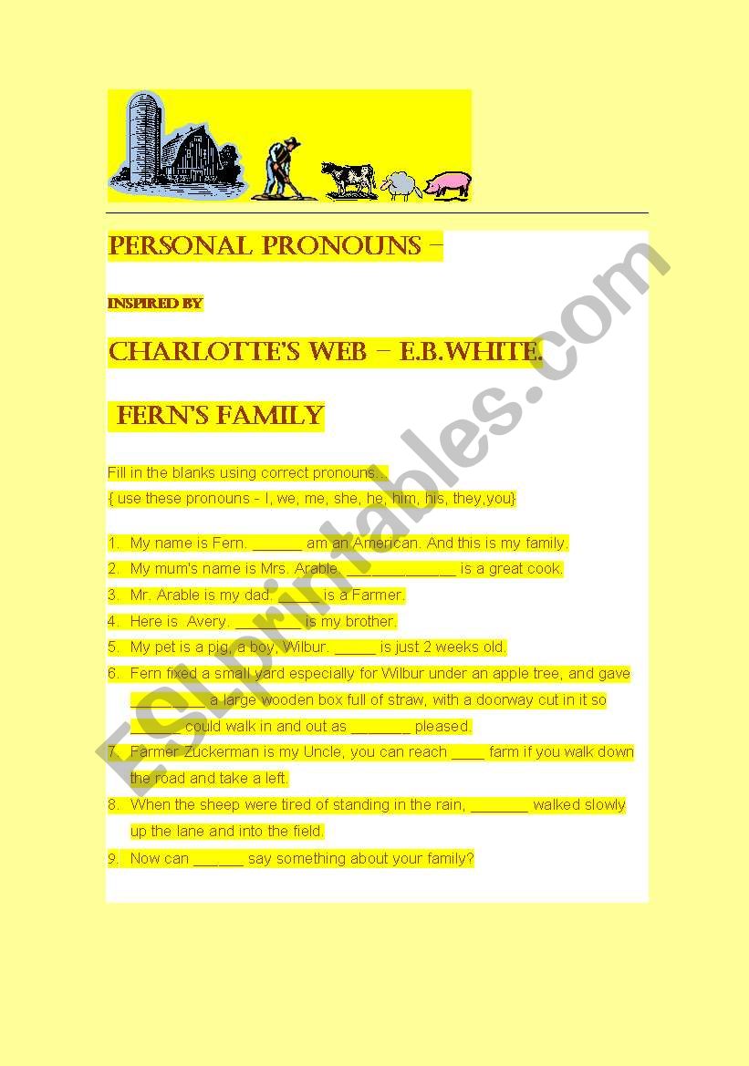 Charlottes Web - Personal Pronoun Worksheet. with Fern and Family.
