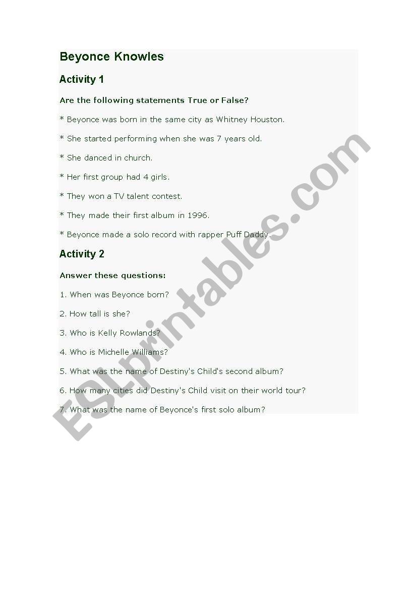 BEYONCE worksheet