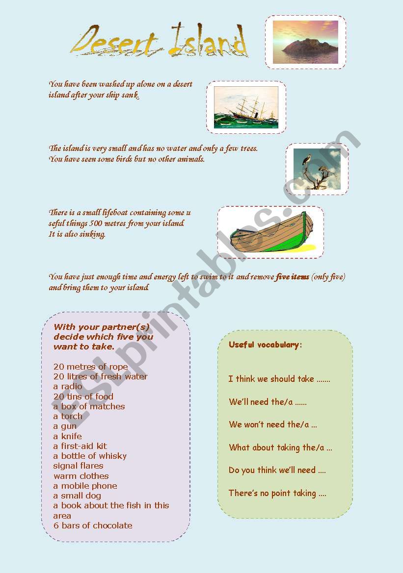 Desert Island game worksheet