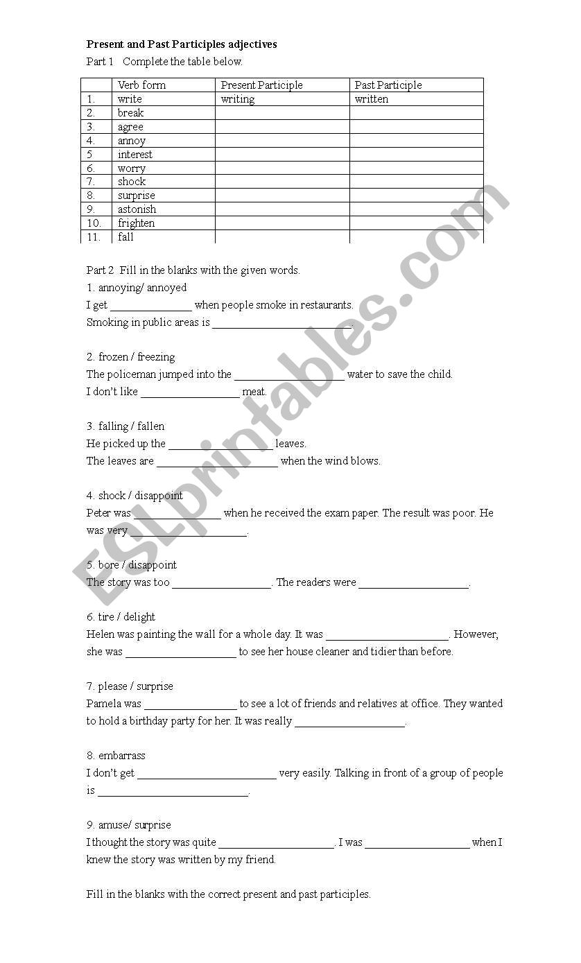 Present and Past participles worksheet